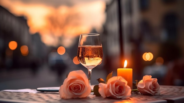 romantic evening glass of wine and roses on table in cafe street on sunset