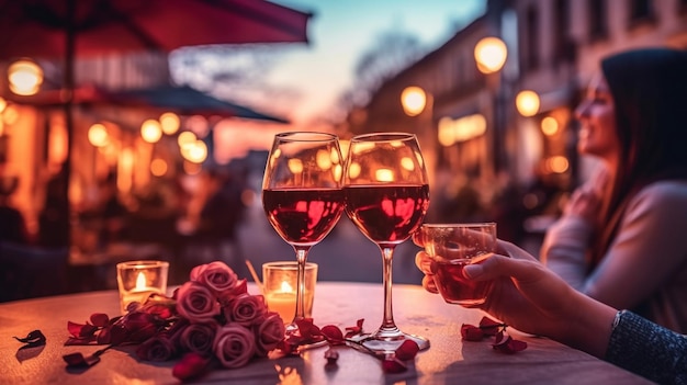 romantic evening glass of wine and roses on table in cafe street on sunset