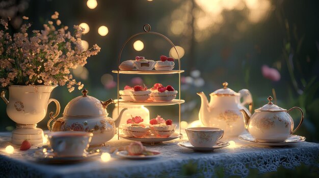 Photo romantic evening tea party in a garden with delicate pastries teapots and floral accents