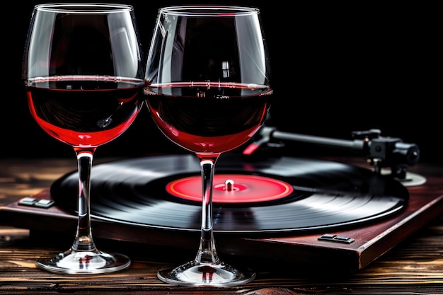 Photo romantic evening with vintage record player wine and dancing