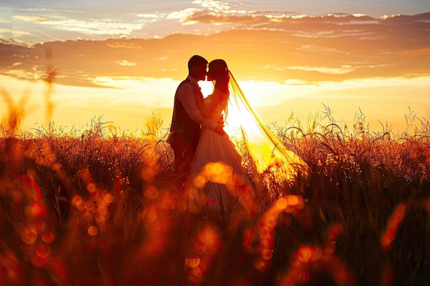 Romantic fairytale newlywed couple hug kiss in field at sunset