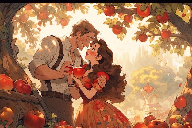 Romantic Fall Cartoons In Love Couple's Whimsical Autumn Scene