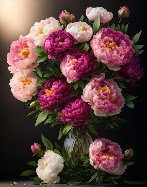 Romantic festive bouquet of flowers, peonies, roses, chrysanthemums, congratulations, postcard, wedd