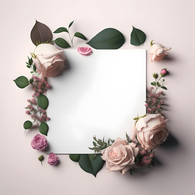 Romantic flatlay with rose flowers pink color Square frame of rose flowers white blank sheet of paper in center place for text Light background