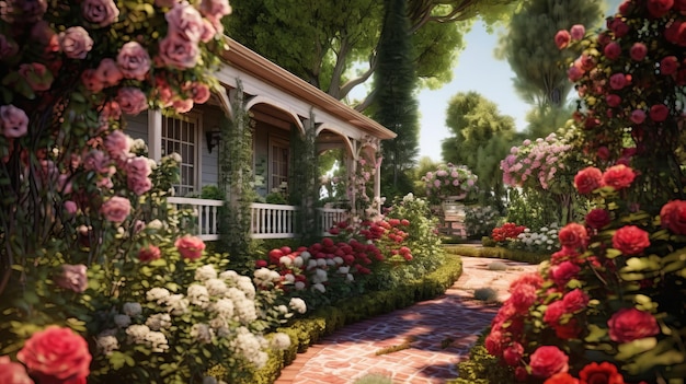 A romantic garden filled with roses of different colors and varieties AI generated