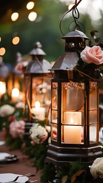 Romantic Garden Wedding with Vintage Lanterns and Rose Garlands Generative AI