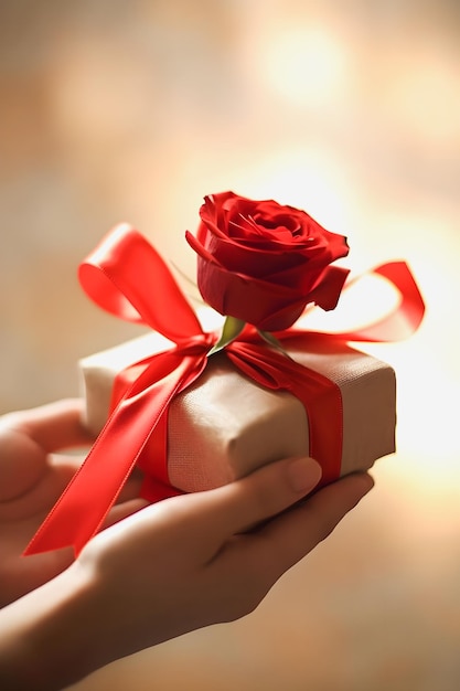 Romantic Gesture Tender Hands Grasping a Red Rose Love Note Secured with Red Ribbon