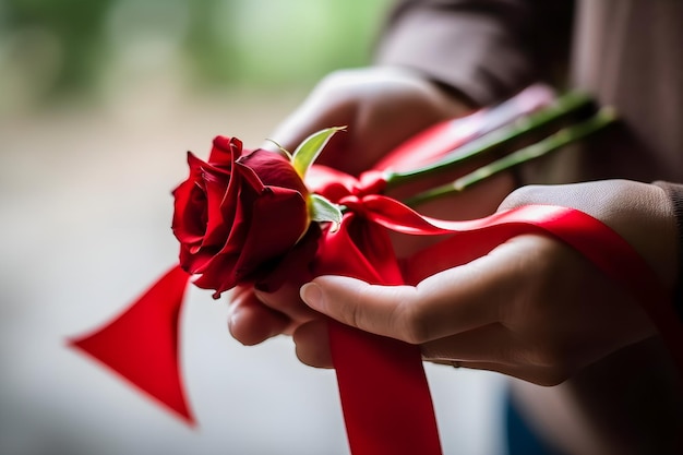 Romantic Gesture Tender Hands Grasping a Red Rose Love Note Secured with Red Ribbon