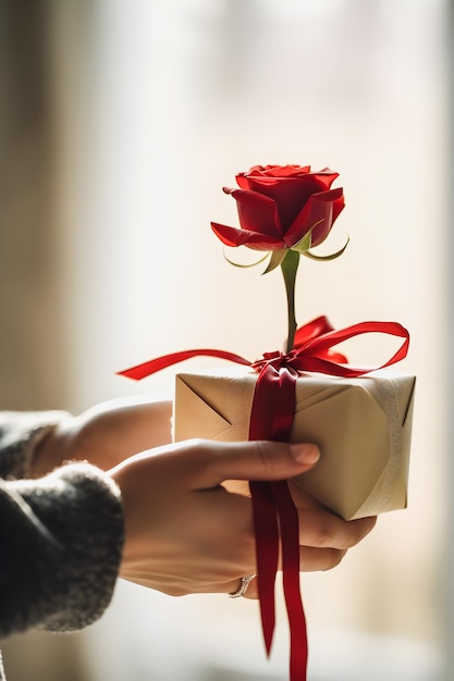 Romantic Gesture Tender Hands Grasping a Red Rose Love Note Secured with Red Ribbon