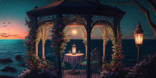 Romantic getaway with candles flowers and lamps at twilight in the gazebo by the sea Generative Ai