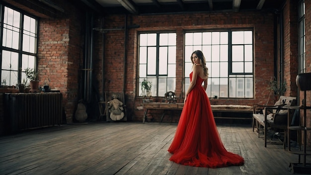 Romantic Girl in Red Dress in LoftStyle Room