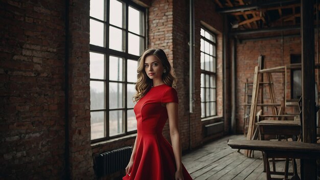 Photo romantic girl in red dress in loftstyle room