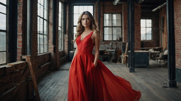 Photo romantic girl in red dress in loftstyle room