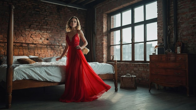 Romantic Girl in Red Dress in LoftStyle Room