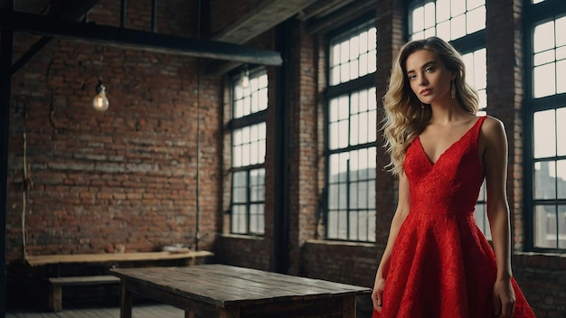 Romantic Girl in Red Dress in LoftStyle Room