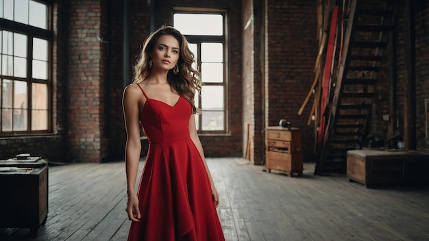 Romantic Girl in Red Dress in LoftStyle Room