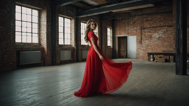 Romantic Girl in Red Dress in LoftStyle Room