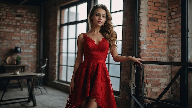 Romantic Girl in Red Dress in LoftStyle Room