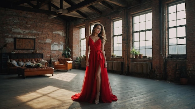 Romantic Girl in Red Dress in LoftStyle Room