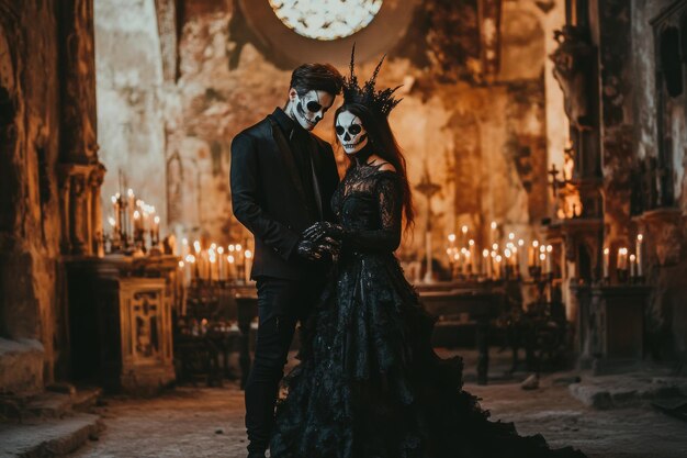 Photo romantic gothic couple celebrating day of the dead with dramatic sugar skull makeup and red roses