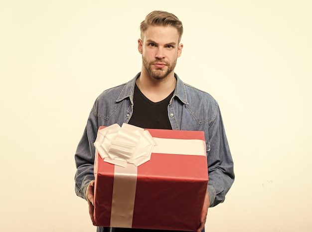 Romantic greeting Boxing day Happy birthday Man share present unshaven man with present box Handsome macho man Love date Valentines day gift Male fashion Successful shopping