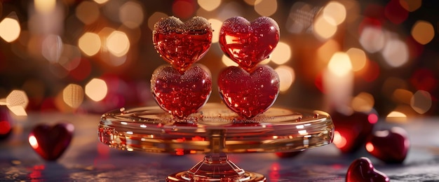 Romantic Heart Shaped Decorations on a Cake Stand with a Bokeh Background