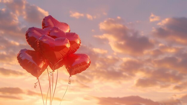 Romantic HeartShaped Balloons Floating in Sunset Sky