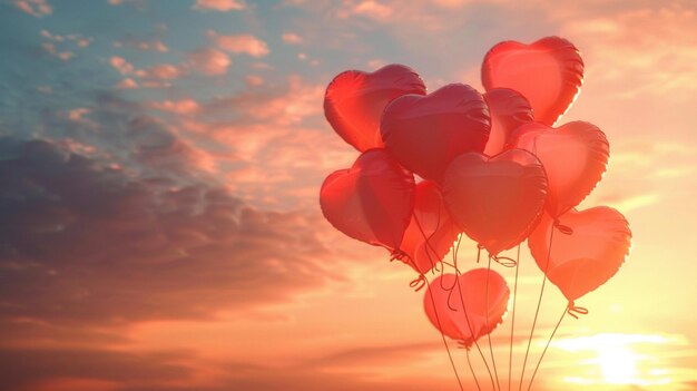 Romantic HeartShaped Balloons Floating in Sunset Sky