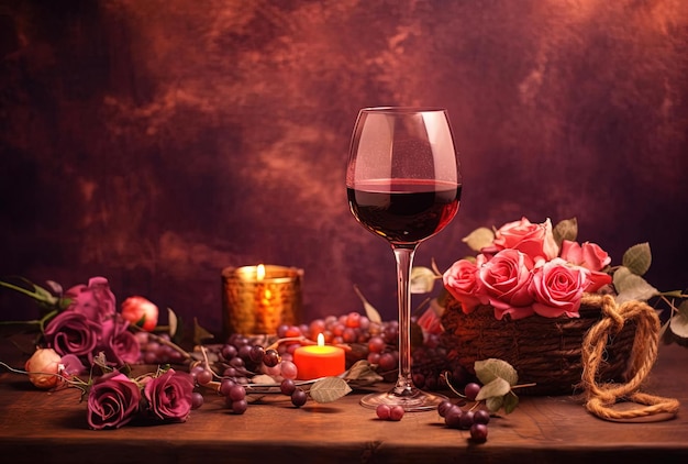 Romantic holiday composition with wine glass and roses for Valentines Day