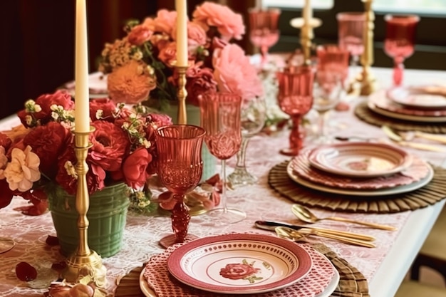 Romantic holiday tablescape formal dinner table setting table scape with pink country style decoration for wedding and event celebration generative ai