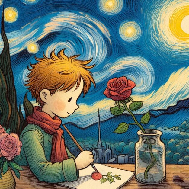 A Romantic Illustration painting drawing picture of the little prince and his flower and the fox