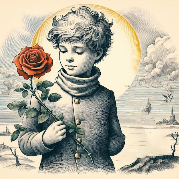 A Romantic Illustration painting drawing picture of the little prince and his flower and the fox