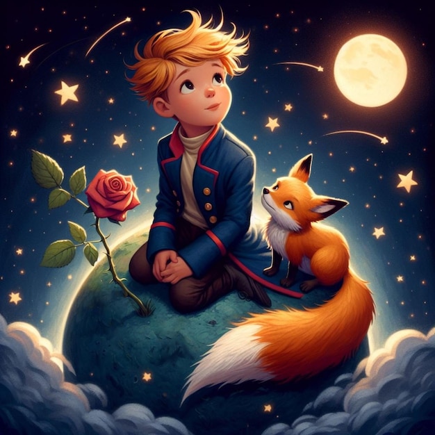 A Romantic Illustration painting drawing picture of the little prince and his flower and the fox