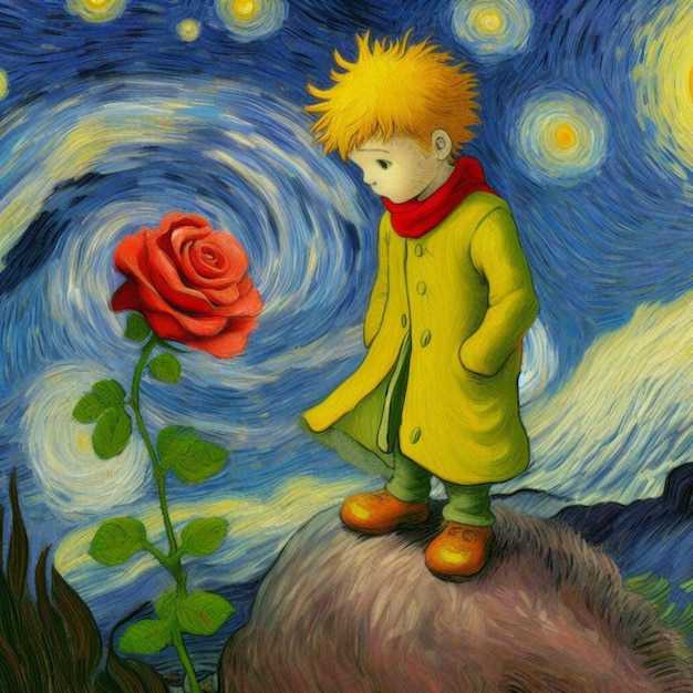 A Romantic Illustration painting drawing picture of the little prince and his flower and the fox