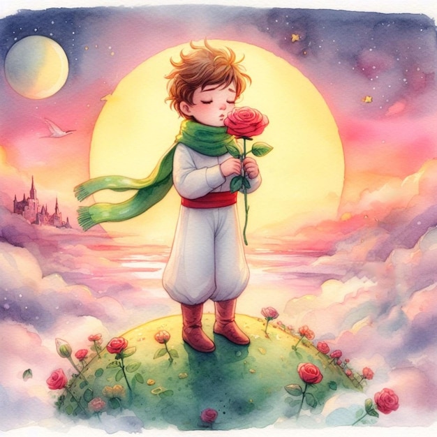 A Romantic Illustration painting drawing picture of the little prince and his flower and the fox