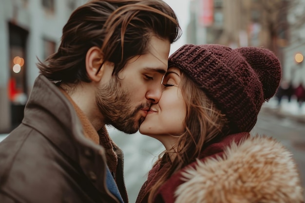 Photo romantic and intimate scene of a couple sharing a passionate kiss in the lively urban city setting