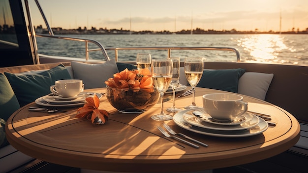 Photo a romantic lunch on a motor yacht a luxurious dining setup with attention to detail capturing the ambiance and elegance of the moment in a minimalist modern style