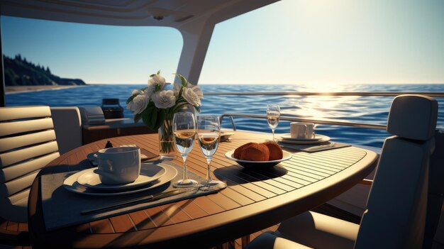 Photo a romantic lunch on a motor yacht a luxurious dining setup with attention to detail capturing the ambiance and elegance of the moment in a minimalist modern style