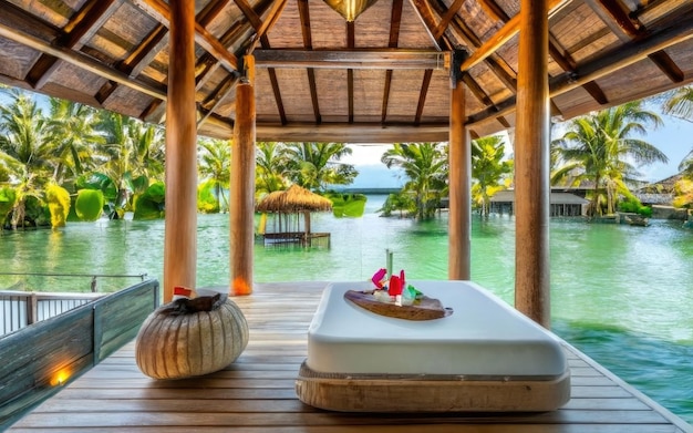 Romantic and luxurious overwater spa with tropical lagoon view