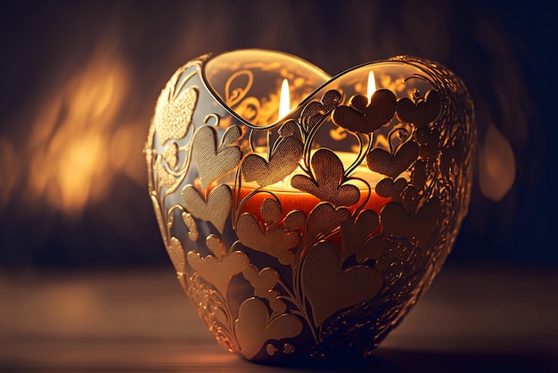 Romantic luxury gold valentines heart shaped candles on bokeh lights background Generate AI