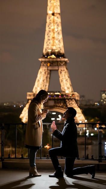 Photo romantic marriage proposal at eiffel tower paris france