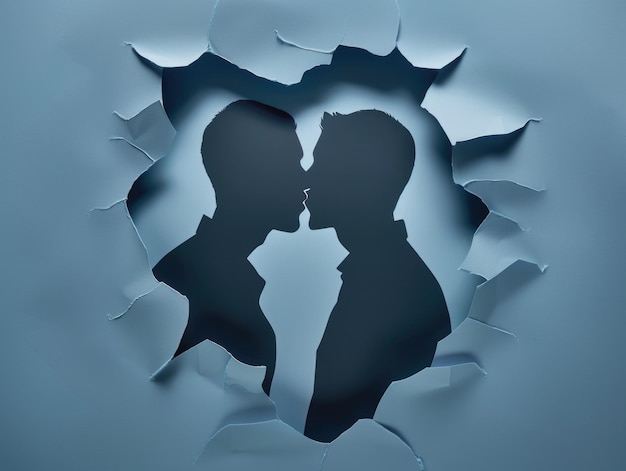 Photo a romantic moment caught through a hole in the wall with two silhouetted figures embracing