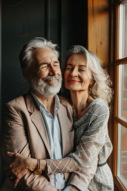 A romantic moment between two people embracing each other by a window