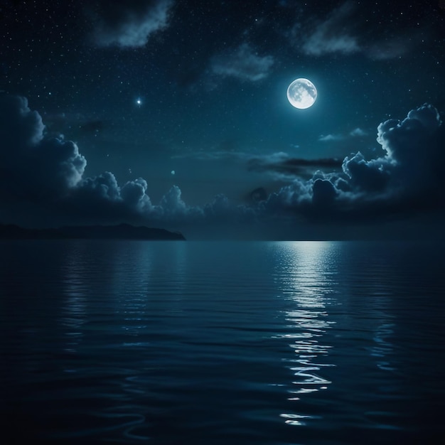 Romantic Moon With Clouds and Starry Sky Over Sparkling Blue Water