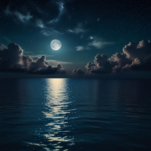 Romantic Moon With Clouds and Starry Sky Over Sparkling Blue Water