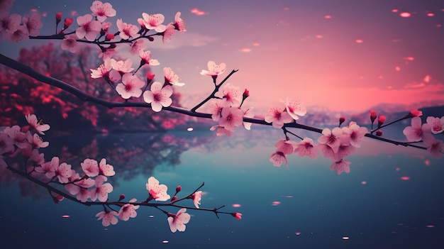 Romantic night scene Beautiful cherry blossom