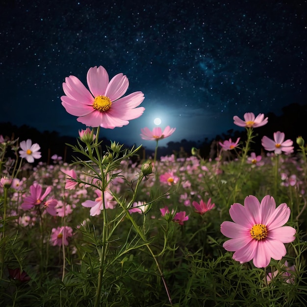 Photo romantic night scene beautiful pink flower blossom in garden with night skies and full moon