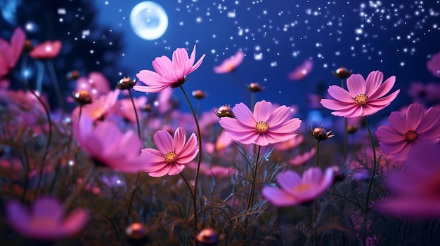 Romantic night sceneBeautiful pink flower blossom in Generative ai