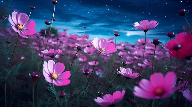 Romantic night sceneBeautiful pink flower blossom in Generative ai