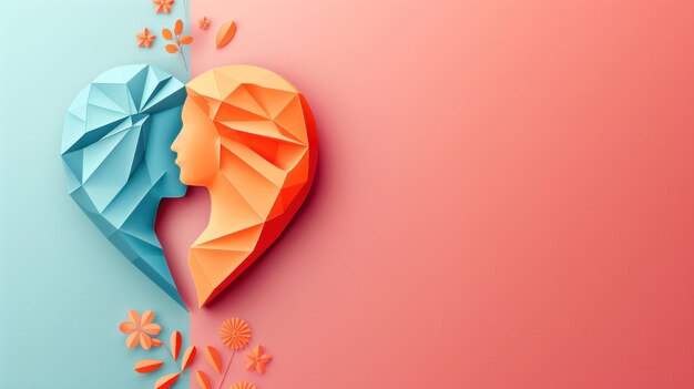 Romantic Origami Heart with Couple Inside Surrounded by Flowers on Pink and Blue Background